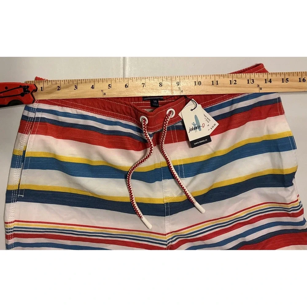 Johnnie-O Boys Striped Swim Trunks Red Blue Yellow Board Shorts Size 14‎ NWT